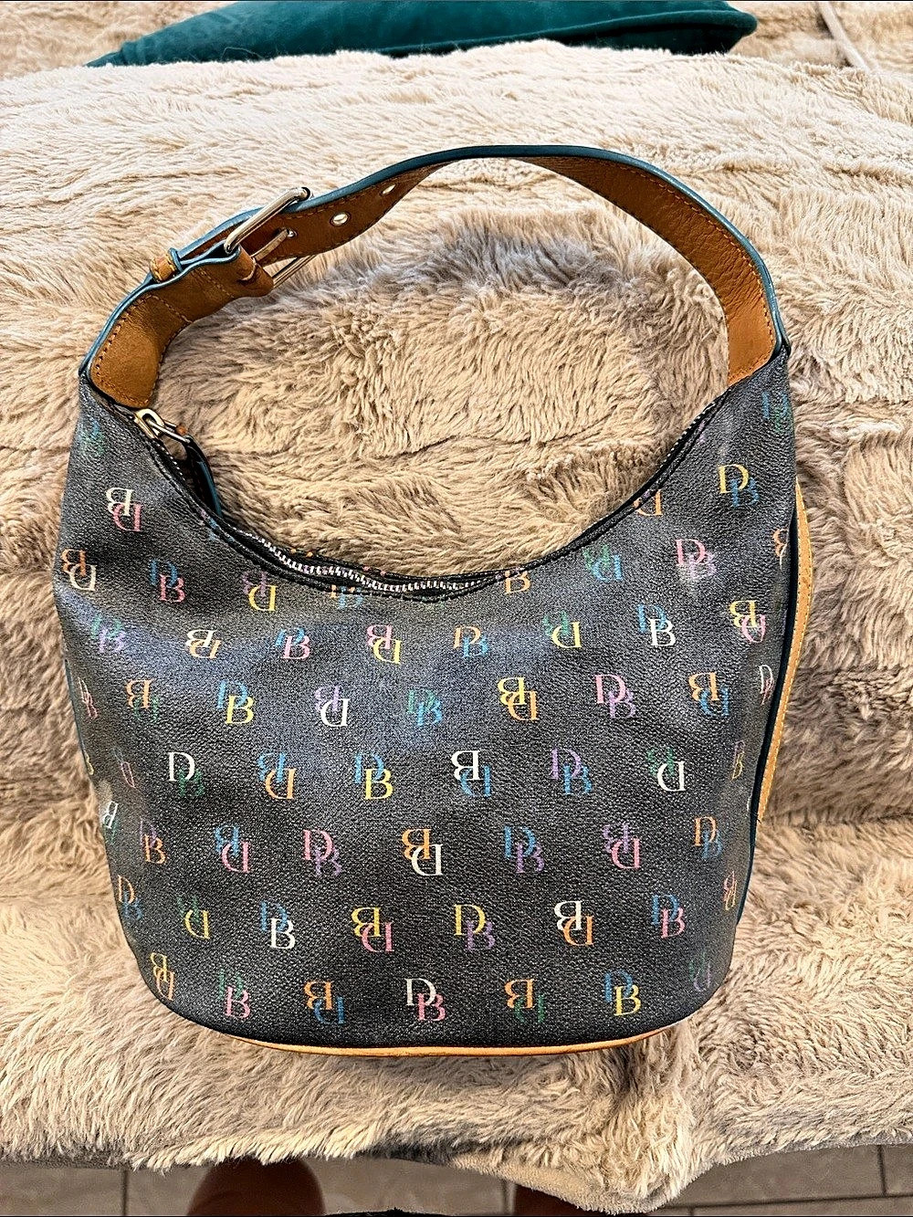 Dooney & Bourke IT Signature Multicolor Monogram Hobo Bag in Black & Brown bucke